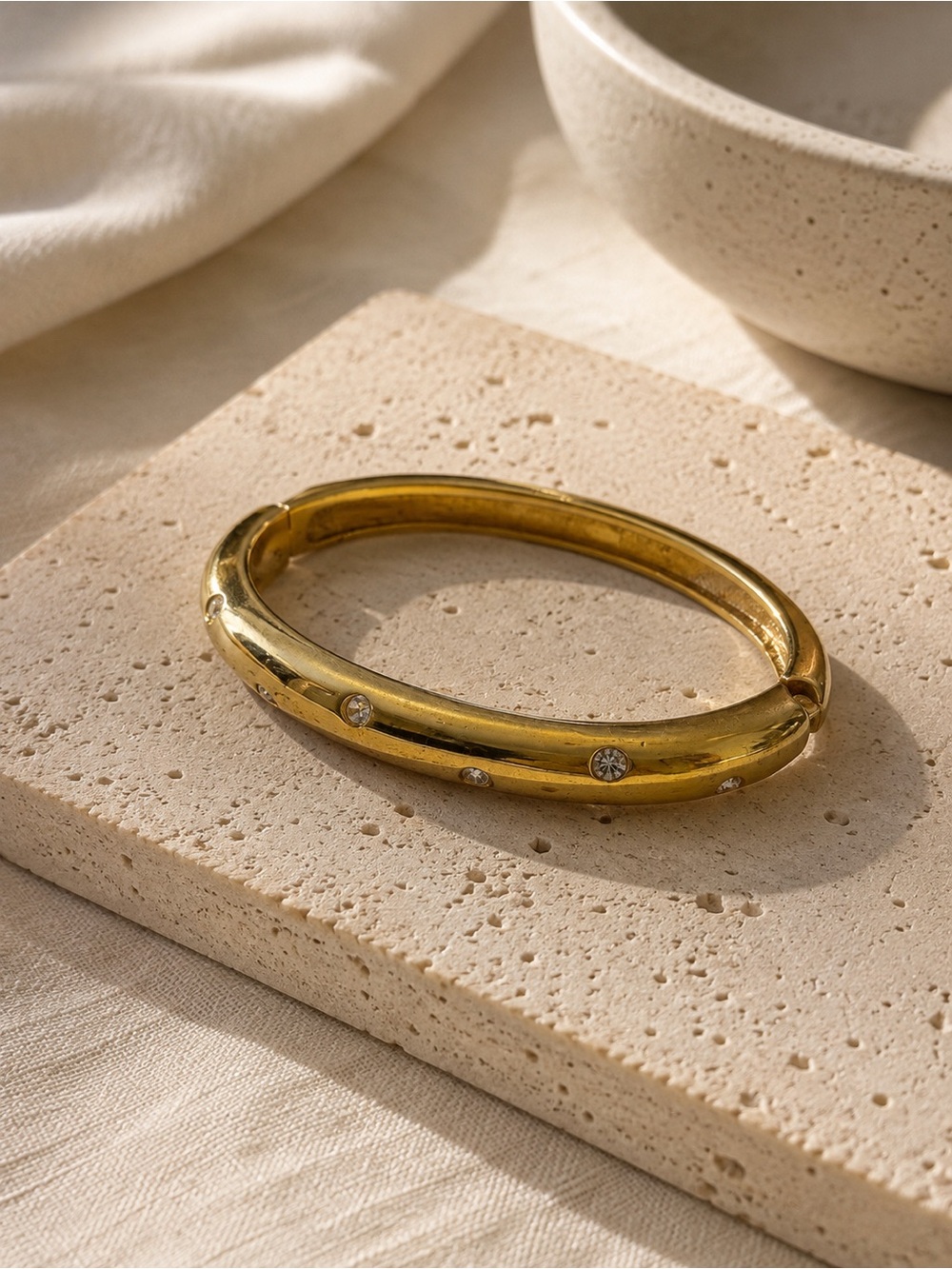 Vintage Gold Crystal Accent Hinged Bangle Bracelet - Women